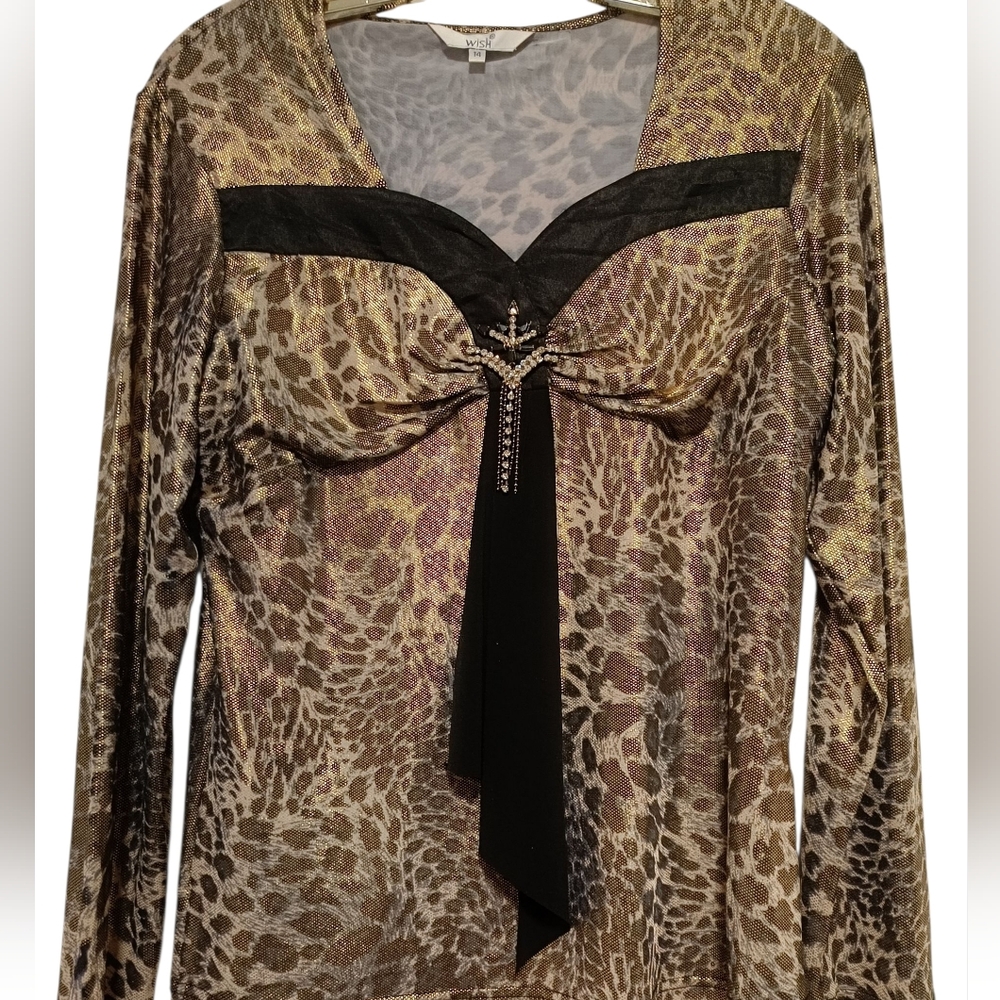 🟣M💥Wish Metallic Leopard Print Vintage Blouse with Black Accents